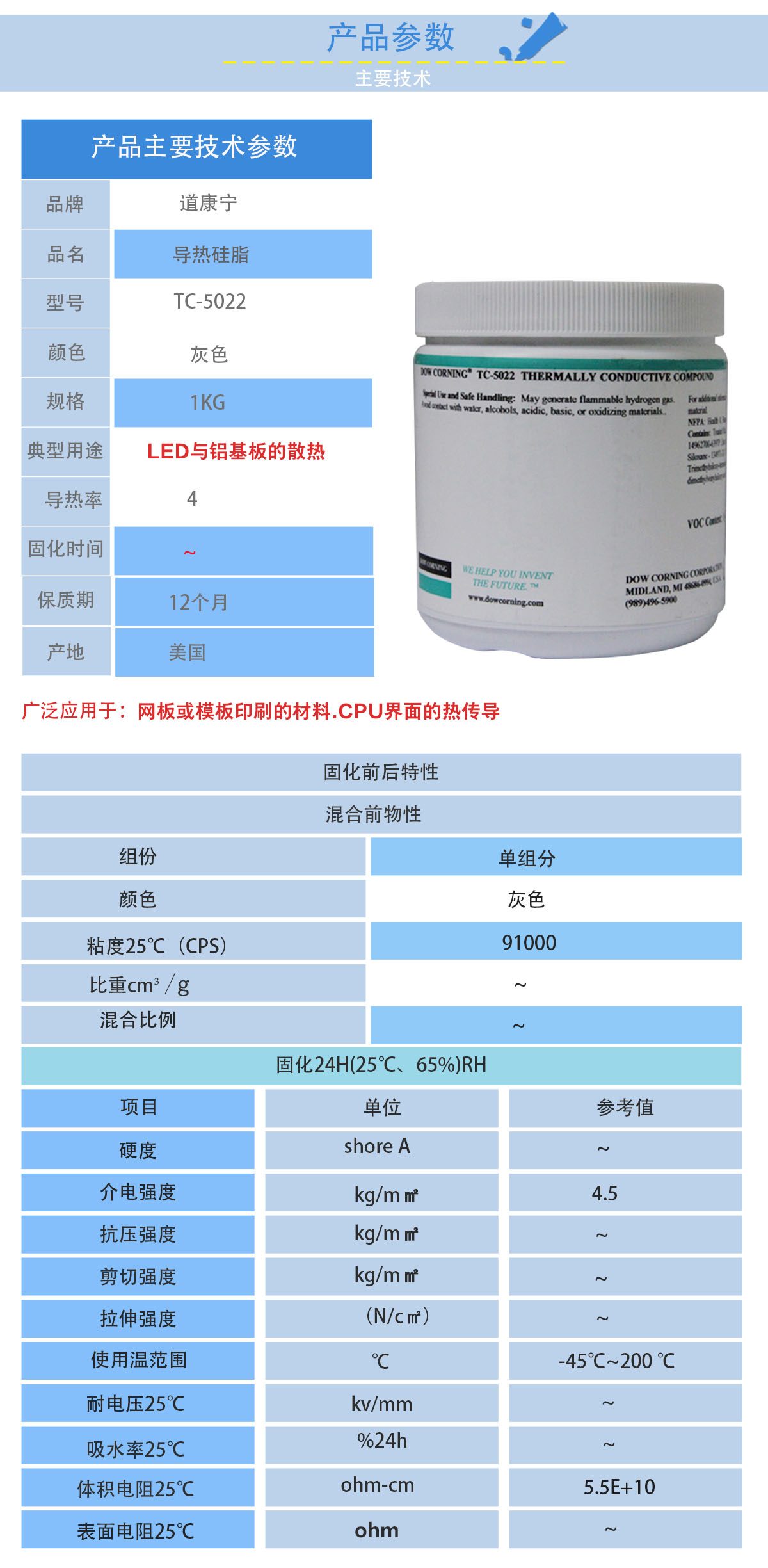 道康寧TC-5022導熱硅脂的性能參數