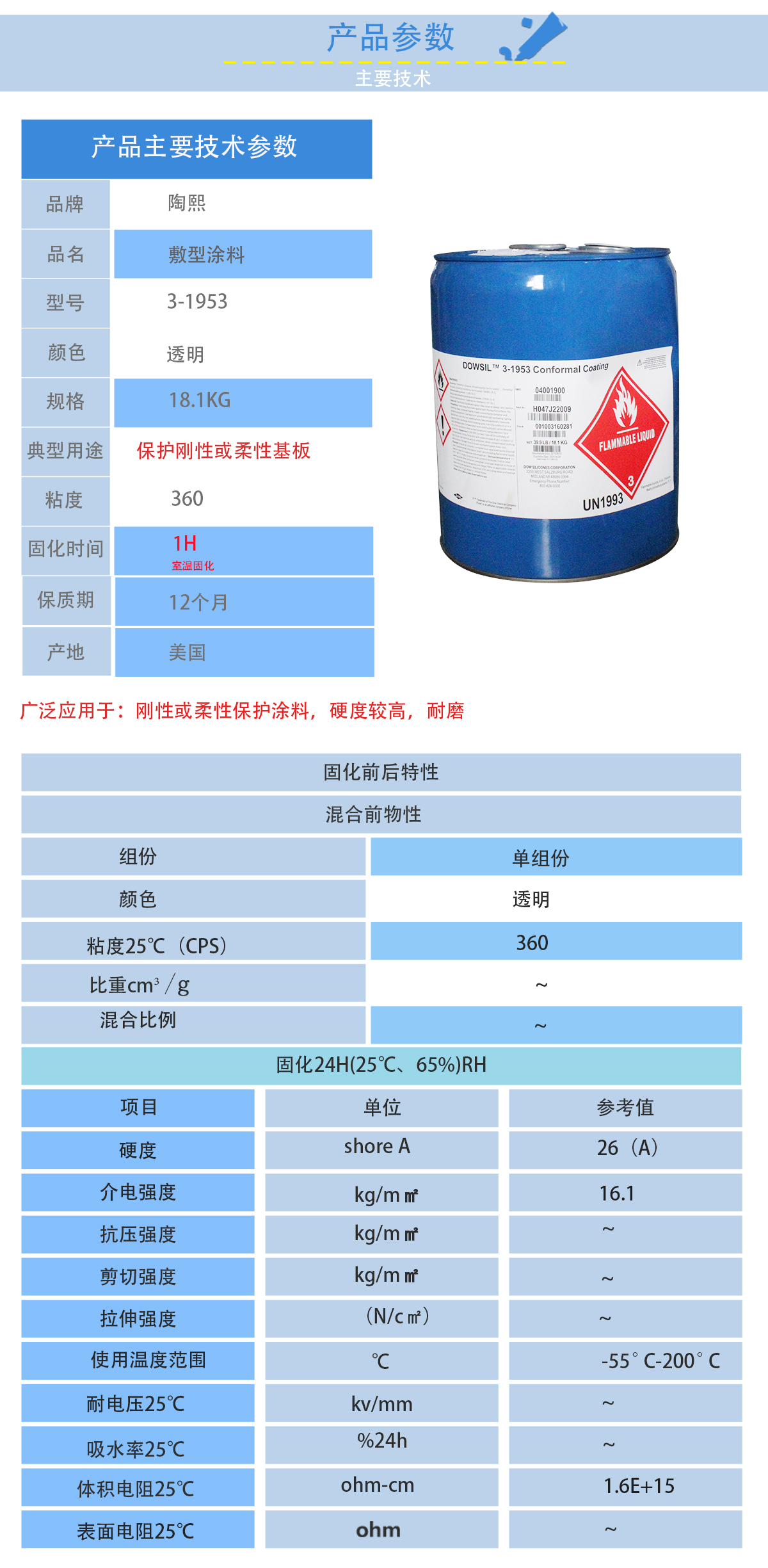 陶熙3-1953三防漆的性能參數