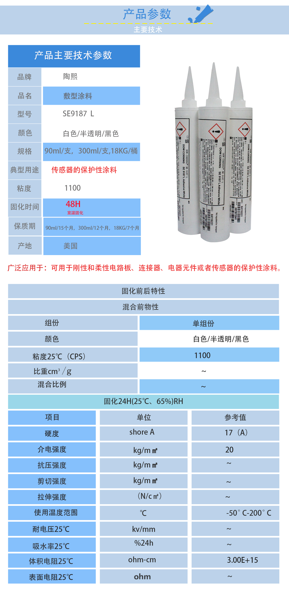 陶熙SE9187L涂層材料的性能參數